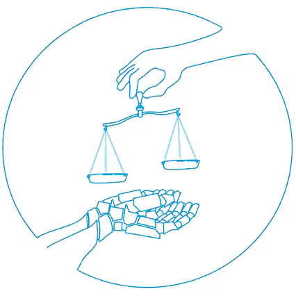Ilustração de uma mão humana e uma mão robótica equilibrando uma balança, simbolizando a ética na Inteligência Artificial